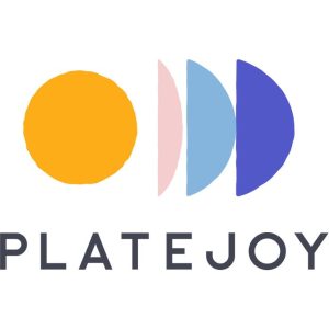 the logo for the meal planning app PlateJoy, with a bright yellow circle and colorful half circles