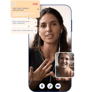 A phone showing a video call between a patient and therapist from Brightside