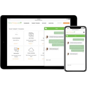 A phone and tablet showing the Online Therapy website
