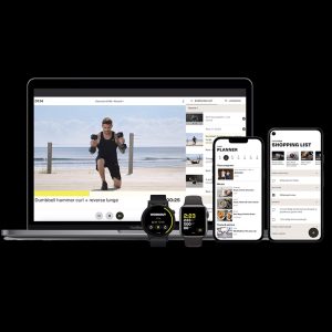 viewing the Centr fitness app as seen on different platforms, including a laptop, smartwatches, and smartphones