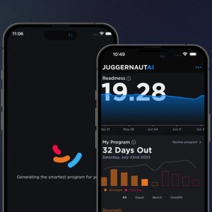 a screenshot of the Juggernaut AI phone app, showing the user's readiness score and an overview chart of personalized workouts