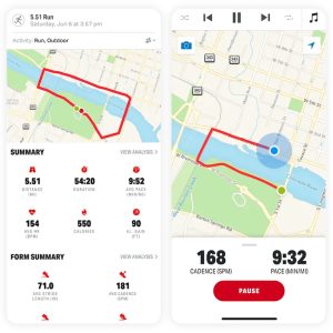 two screenshots of the MapMyRun phone app, showing a summary of completed run stats plus the highlighted running route on a map