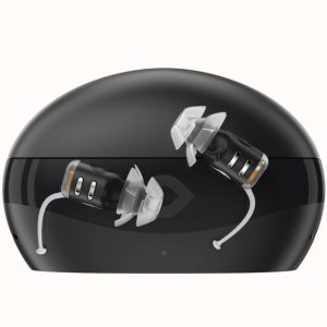 Close-up image of Eargo SE hearing aids and black charging case