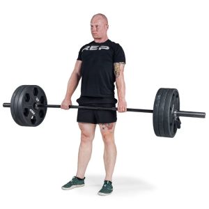 a man is holding rep fitness double black diamond power bar on a white background