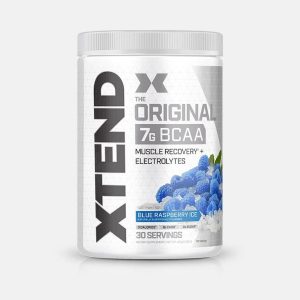 a closeup of a canister of Cellucor Xtend original BCAA powder against a white background