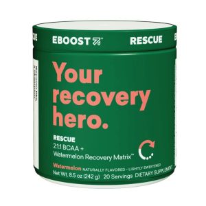 a closeup of a canister of Eboost Rescue 2:1:1 BCAA+ Watermelon Recovery matrix powder against a white background