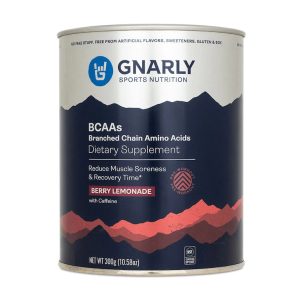 a closeup of a canister of Gnarly Sports Nutrition BCAAs powder against a white background