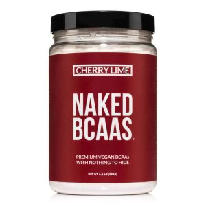 a closeup of a canister of Naked Nutrition Naked BCAAs vegan powder against a white background