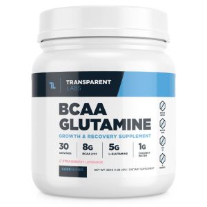 a closeup of a canister of Transparent Labs BCAA Glutamine growth and recovery supplement powder against a white background