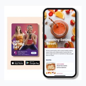 free workout app fiton showing store download buttons and health recipe