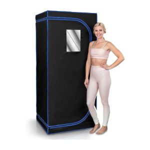 Woman standing outside a SereneLife infrared sauna