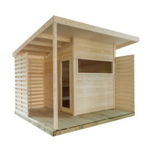 an Almost Heaven Timberline six-person cabin sauna against a white background