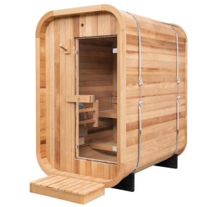 a Redwood Outdoors thermowood mini-cube two-person sauna against a white background