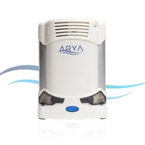 product image of portable oxygen concentrator arya portable on the white background with blue waves