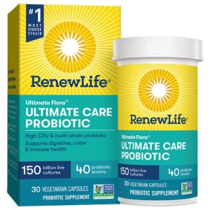 bottle of renew life ultimate care probiotic next to box