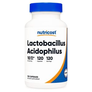 bottle of nutricost lactobacillus acidophillus probiotic on white background