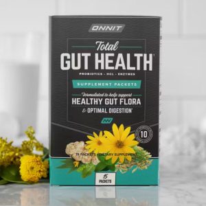 box of onnit total gut health probiotic sitting on kitchen counter