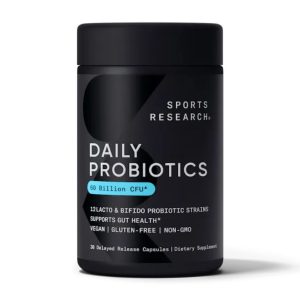 bottle of sports research daily probiotics on white background