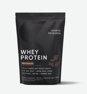 a bag of sports research whey protein shake on a white background