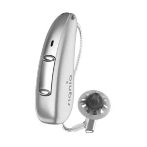 a signia pure charge rechargeable hearing aid on a white backdrop