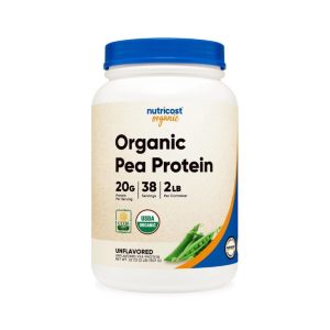 tub of nutricost organic pea vegan protein powder on white backdrop
