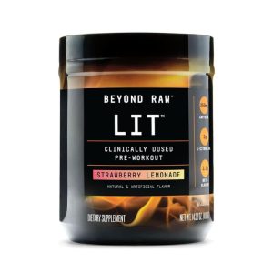 a canister of Beyond Raw Lit clinically-dosed pre-workout powder, strawberry lemonade flavor