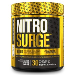 a canister of Jacked Factory Nitro Surge Build pre-workout powder against a white background