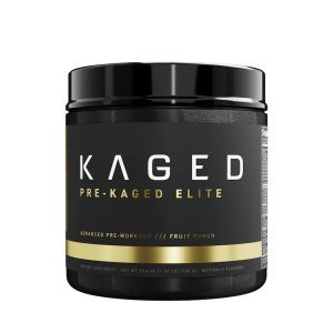 a canister of Kaged Pre-Kaged Elite pre-workout against a white background