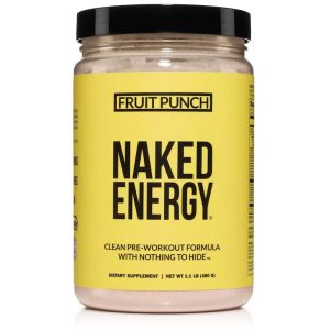 a canister of Naked Energy preworkout powder, fruit punch flavor, against a white background