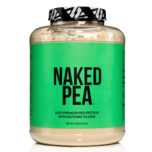 A bottle of protein powder by Naked Pea.