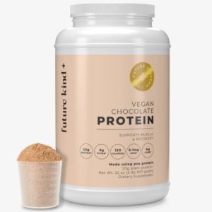 A package of vegan chocolate protein by Future Kind with a scoop of protein beside it.