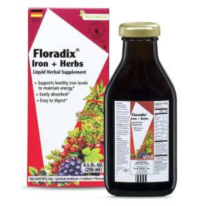 A bottle of Floradix Iron and Herbs with the packaging behind it.