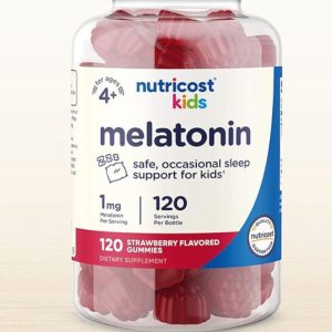 A bottle of Nutricost kids melatonin gummies.