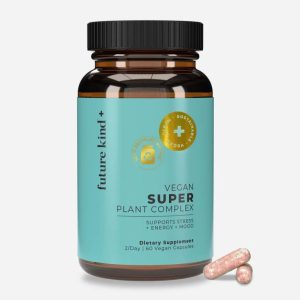 A brown glass bottle of vegan super plant complex capsules with a teal label, placed against a white background.