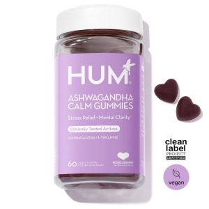 A clear bottle of ashwagandha gummies with a purple label and heart-shaped gummies, placed against a white background.