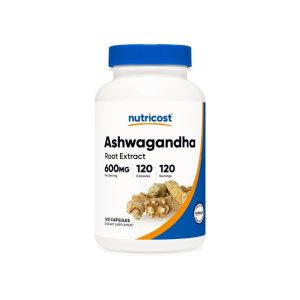 A white bottle of ashwagandha root extract capsules with a blue and orange label, placed against a white background.