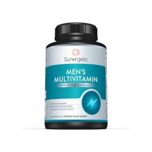 A bottle of men's multivitamin capsules with a blue and white label, placed against a white background.