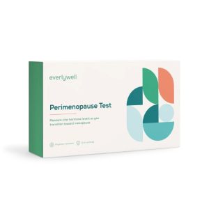 A white box labeled "Perimenopause Test" with the brand name "everlywell" and a colorful abstract geometric design, placed against a plain white background.