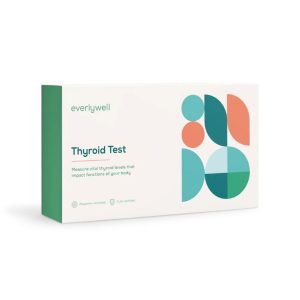 A white box labeled "Thyroid Test" with the brand name "everlywell" and a colorful abstract geometric design, placed against a plain white background.