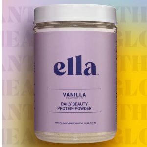 the ella beauty protein powder supplement with a purple lable against a purple and yellow background