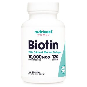 the nutricost biotin for women 10,000 mcg supplement against a white background