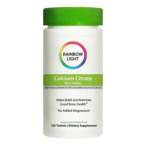 a bottle of rainbow light calcium supplement on a white background