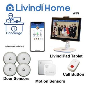 all of the livindi home elderly monitoring system devices and features displayed alongside the livindi logo