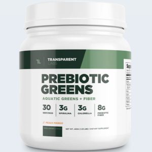 A container of Transparent Labs Prebiotic Greens, with a white lid and green label. The label highlights its contents of aquatic greens and fiber, including spirulina and chlorella.