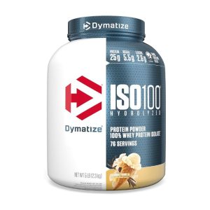 A white container of Dymatize ISO100 Hydrolyzed Whey Protein Isolate in Cookies & Cream flavor. The label highlights 25g of protein, 5.5g of BCAAs, and 2.6g of leucine per serving.
