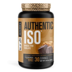 A black container of Jacked Factory Authentic ISO Grass-Fed Isolate with a brown and gold label. The flavor is Chocolate Peanut Butter, and it offers 25g of protein per serving.