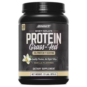 A black container of Onnit Whey Isolate Protein Grass-Fed in Vanilla flavor. The label highlights 20g of protein per serving, and the product is marketed as high-quality protein from grass-fed cows.