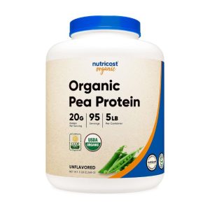 A white container of Nutricost Organic Pea Protein with a blue lid. The label indicates it is unflavored, USDA organic, and contains 20g of protein per serving, with 95 servings per container.