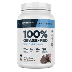 A white container of Transparent Labs 100% Grass-Fed Whey Protein Isolate with a blue and black label, offering 28g of protein, 1g of fat, and 0g of sugar per serving. The flavor is Milk Chocolate.