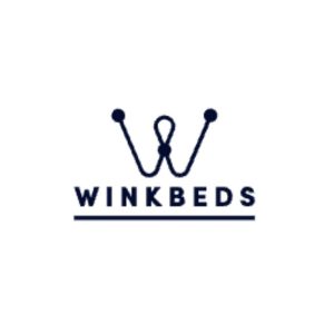 A white logo featuring the text "WINKBEDS" below a simple line drawing of a bed with a headboard.